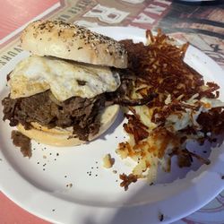 Big Erv's Bar and Grill - Steak, egg, (no) cheese on an everything bagel- my new favorite!
