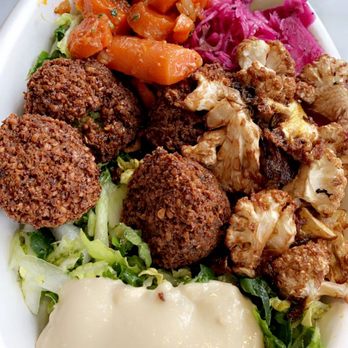 Brassica - falafel salad with hummus, lentil rice, cauliflower, carrots, and pickled cabbage - Mediterranean Near Me - Shaker Heights, Ohio Brassica - falafel salad with hummus, lentil rice, cauliflower, carrots, and pickled cabbage - Mediterranean Near Me - Shaker Heights, Ohio