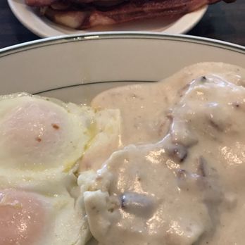 Miller's Cafe - Half order of biscuits and gravy with bacon all for $8!!! Came with 2 eggs and 4 pieces of bacon. - American Near Me - Antioch, California