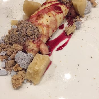 SharksTeeth - Course 6-crepe filled with butterscotch mousse, frozen pear, dehydrated yogurt and crunch - New American Near Me SharksTeeth - Course 6-crepe filled with butterscotch mousse, frozen pear, dehydrated yogurt and crunch - New American Near Me