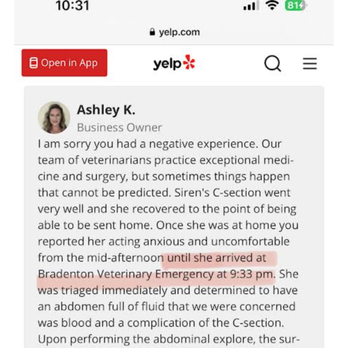 Bradenton Veterinary Emergency - Lies... all of it. She doesn't even have her facts right anywhere!!! We were at the er as soon as they opened between 6-6:30. - Veterinarians Near Me - Bradenton, Florida