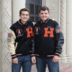 C & L Custom Varsity Jackets - Huntington Beach High School Varsity Jackets - Cross Country/Track Class of 2022 off white sleeves & Football Class of 2023 black sleeves