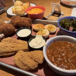 Jim 'N Nick's Bar-B-Q - Brisket Mac & Cheese Bombs, Deviled Eggs, Collard Greens, Catfish Fillet, Baked beans.