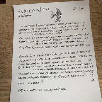 Camino Alto - The menu July 25 - New American Near Me - San Francisco, California