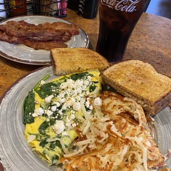 The Brunchery - Isn't it gorgeous?!!!! The Greek omelette, hash browns, wheat toast with butter and a side of beautiful bacon. - Breakfast & Brunch Near Me - Valrico, Florida