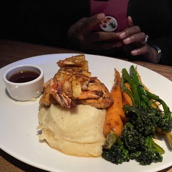 Yard House - Whiskey Glazed Salmon* with blackened shrimp - New American Near Me - Springfield, Virginia Yard House - Whiskey Glazed Salmon* with blackened shrimp - New American Near Me - Springfield, Virginia