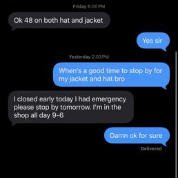 Texts confirming pick up for jacket and hat