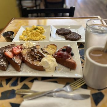 Batter & Berries - Super French Toast Flight (w/ Blueberry, Strawberry, Caramel, Lemon, and Sangria Flavors); scrambled eggs; vegan sausage patties - Breakfast & Brunch Near Me - Chicago, Illinois Batter & Berries - Super French Toast Flight (w/ Blueberry, Strawberry, Caramel, Lemon, and Sangria Flavors); scrambled eggs; vegan sausage patties - Breakfast & Brunch Near Me - Chicago, Illinois