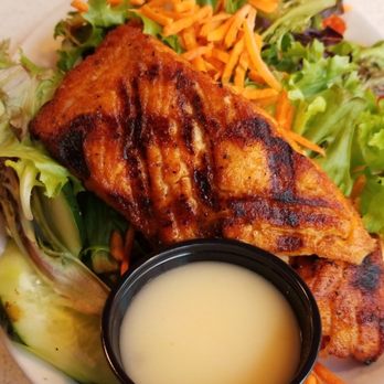 Ja' Grill Hyde Park - Salmon Salad with their House Dressing Grilled to perfection - Lounges Near Me - Chicago, Illinois Ja' Grill Hyde Park - Salmon Salad with their House Dressing Grilled to perfection - Lounges Near Me - Chicago, Illinois