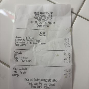 Tacos Frontera - Receipt - Tacos Near Me - Houston, Texas Tacos Frontera - Receipt - Tacos Near Me - Houston, Texas