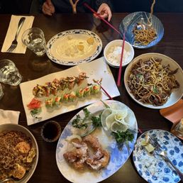 Fried rice, imperial roll, coconut shrimp and Lo Mein Fried rice, imperial roll, coconut shrimp and Lo Mein