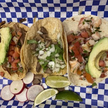 One Night Taco Stand - Left to right: carnitas, beef tongue, shrimp ceviche. - Tacos Near Me - Jacksonville, Florida