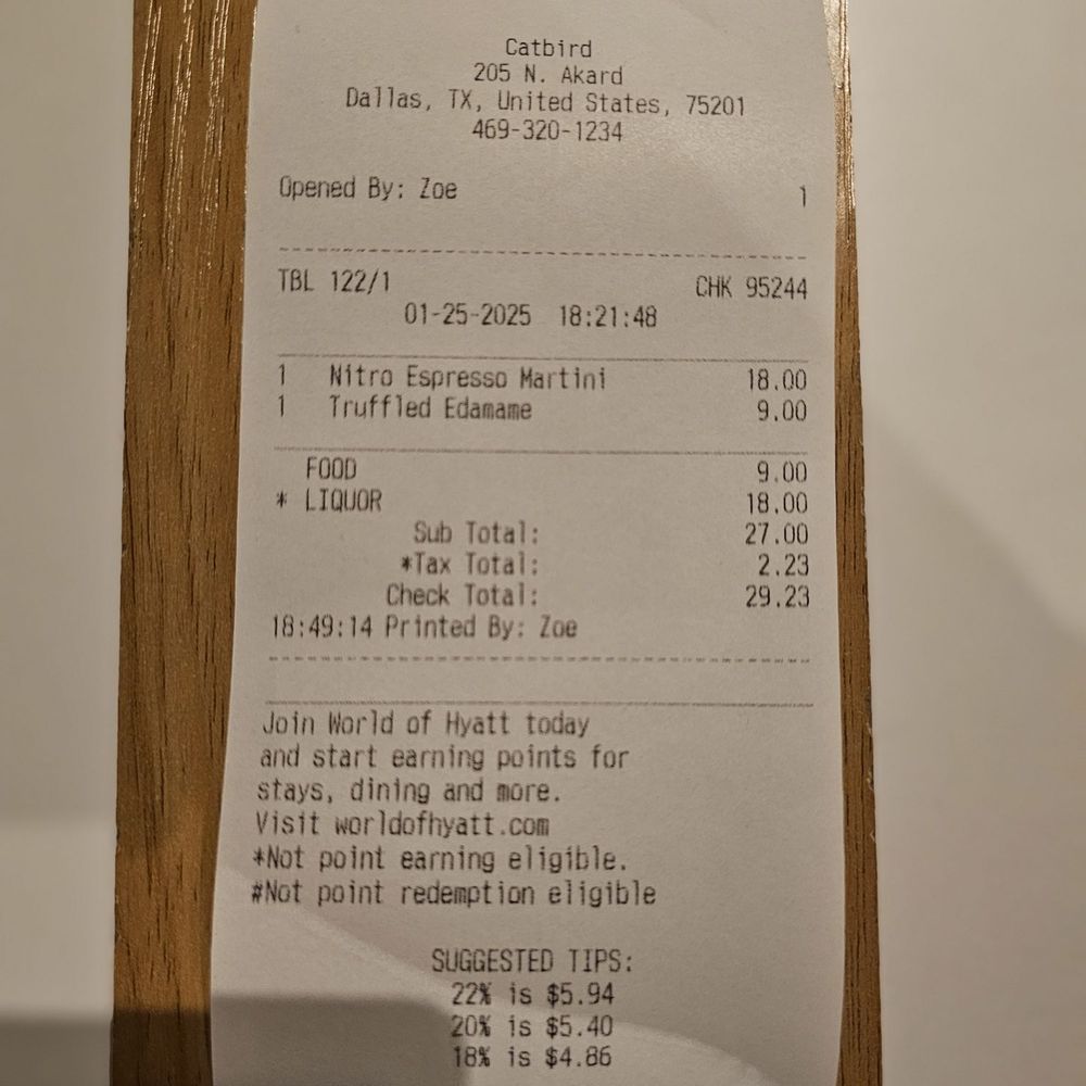 Catbird - 1-25-2025 Receipt - Tapas/Small Plates Near Me - Dallas, Texas