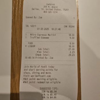 Catbird - 1-25-2025 Receipt - Tapas/Small Plates Near Me - Dallas, Texas