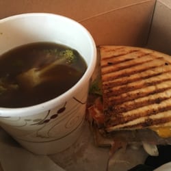 Asian beef and broccoli soup (special) and half a roast beef cheddar panini. YUM!