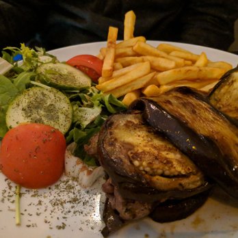 Byblo's - Orfali (19€) - 3.5 stars. Eggplant was undercooked in some spots. Meat had good flavor, but was dry. Fries were bad. Sat dinner 2018-10-27 - Lebanese Near Me - Nice, 06