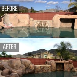 Concrete Stain and Restoration - A North County pool rock structure that was faded and damaged by the elements. It now looks brand new and is ready for Summer