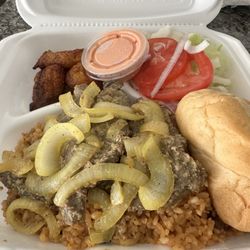 Mamacita's - Steak n onions Spanish rice sweet plantains salad dressing n a roll of