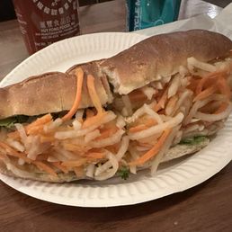 Vegetarian Chicken Sandwich - A vegetarian chicken sandwich with shredded carrots and cabbage in a baguette, served on a paper plate at a casual dining setting.