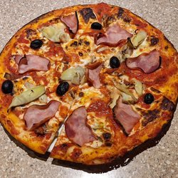 Pizzeria Napoletana - This pizza required some customization:  pepperoni, prosciutto (or similar), olives, and artichokes to resemble a Capricciosa;  it was okay