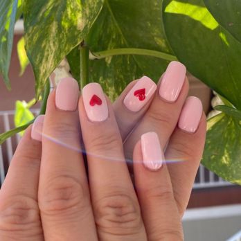 Lovely Spa & Nails - Pink gel manicure with red hearts - Nail Salons Near Me - Goleta, California Lovely Spa & Nails - Pink gel manicure with red hearts - Nail Salons Near Me - Goleta, California