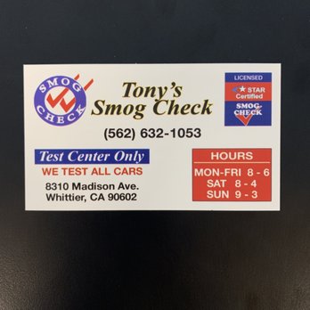 Tony's Smog Check - Business card - Smog Check Stations Near Me - Whittier, California Tony's Smog Check - Business card - Smog Check Stations Near Me - Whittier, California