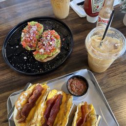 - Breakfast tacos  - Avocado toast  - Vanilla caramel shaken espresso w/ cold foam & caramel drizzle  - Iced caramel macchiato