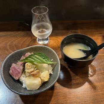 M Tempura - A5 Wagyu donburi with miso soup and my sake pairing - Japanese Near Me - Durham, North Carolina M Tempura - A5 Wagyu donburi with miso soup and my sake pairing - Japanese Near Me - Durham, North Carolina