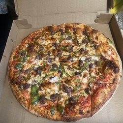 Family Pizza and Grinders - Medium pie with burger and peppers.