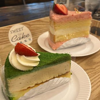 Sweet Cake - Lychee green tea cheesecake (left), strawberry moment (right) - Desserts Near Me - Flushing, New York