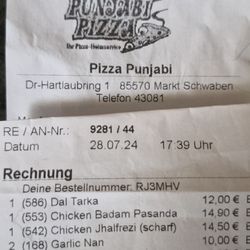 Pizza-Heimservice Punjabi - Rechnung