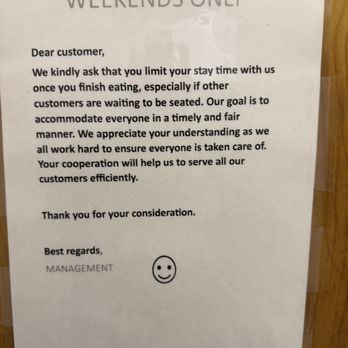 Molly Brown's Cafe - Poster from management on table accessibility on weekends. - Breakfast & Brunch Near Me - Cuyahoga Falls, Ohio