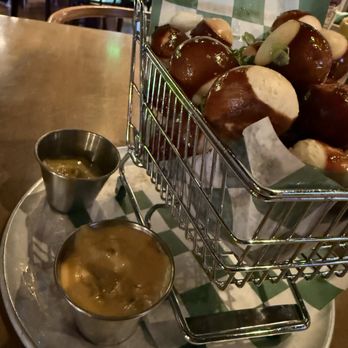 Holey Moley - Close up of pretzel bites, queso was a $2 up charge but well worth it! - Mini Golf Near Me - Denver, Colorado