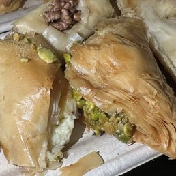 Walnut, pistachio, and other baklavas. Unfortunately we don't know what all we got because it was a TooGoodToGo deal. Delicious, though! Walnut, pistachio, and other baklavas. Unfortunately we don't know what all we got because it was a TooGoodToGo deal. Delicious, though!