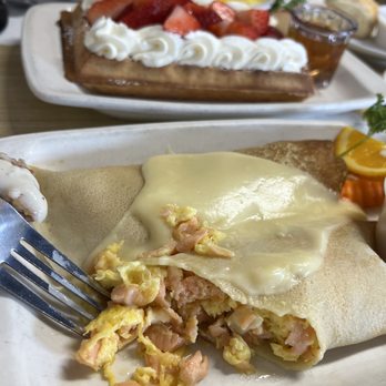 The Belgian Cafe - Benedict crepe with eggs and smoked salmon & hollandaise sauce - so good! - Breakfast & Brunch Near Me - Solvang, California The Belgian Cafe - Benedict crepe with eggs and smoked salmon & hollandaise sauce - so good! - Breakfast & Brunch Near Me - Solvang, California