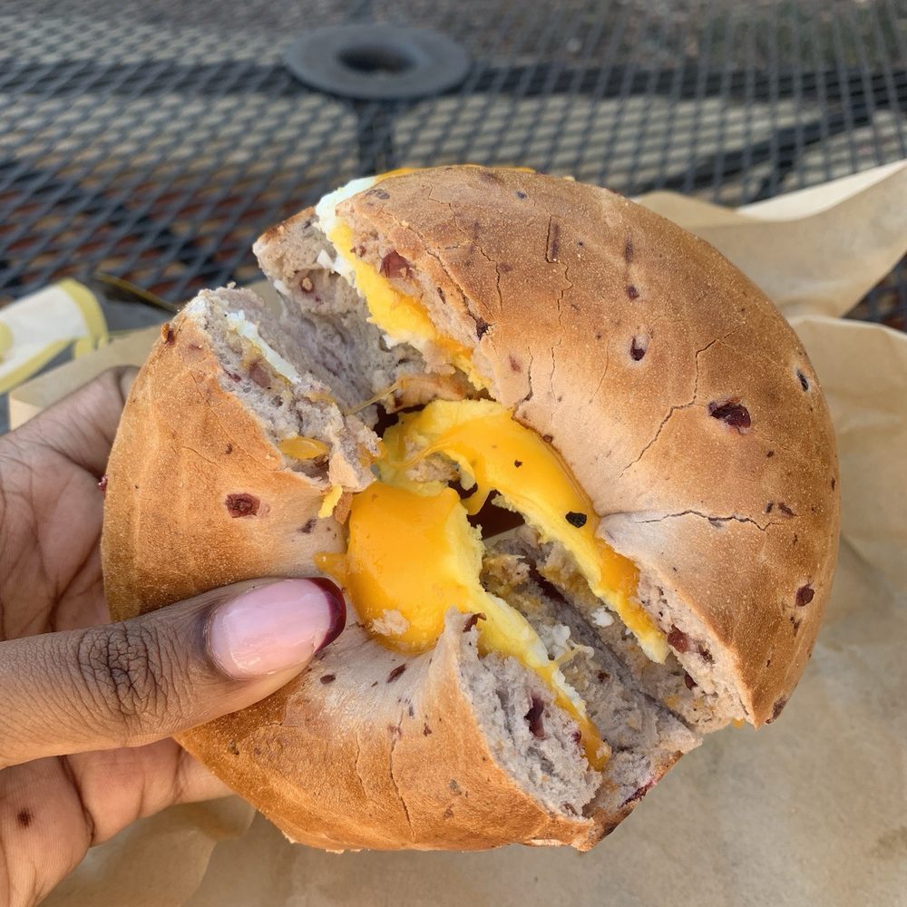Einstein Bros. Bagels - Turkey Sausage & Cheddar Cheese on Blueberry Bagel - Bagels Near Me - Clinton, Mississippi Einstein Bros. Bagels - Turkey Sausage & Cheddar Cheese on Blueberry Bagel - Bagels Near Me - Clinton, Mississippi