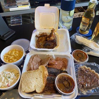 Stockyard Bar BQ - 3 Meats (brisket, jalapeño sausage, ribs) with 2 Sides (potato salad, mac n cheese) Platter, order of smoked wings, and pecan pie. - Barbeque Near Me - Houston, Texas Stockyard Bar BQ - 3 Meats (brisket, jalapeño sausage, ribs) with 2 Sides (potato salad, mac n cheese) Platter, order of smoked wings, and pecan pie. - Barbeque Near Me - Houston, Texas