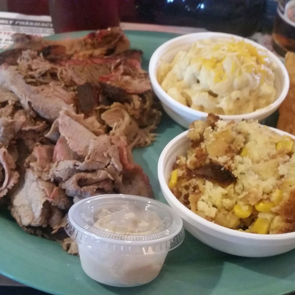 One-Eyed Jacks BBQ Restaurant - 3 meat combo. Smoked roast beef, brisket, pulled pork, macaroni and cheese and corn casserole - Barbeque Near Me - Lockport, New York One-Eyed Jacks BBQ Restaurant - 3 meat combo. Smoked roast beef, brisket, pulled pork, macaroni and cheese and corn casserole - Barbeque Near Me - Lockport, New York