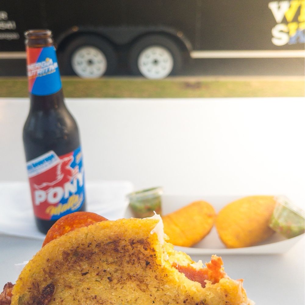 Wezzarepas - Jala-Roni arepa. And beef empanadas and a Pony Malta - Colombian Near Me - Whittier, California