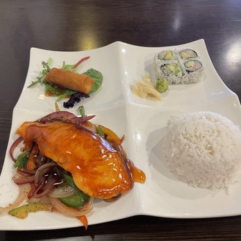 Tokyo Cafe - Bento box lunch with teriyaki salmon, spring roll, California roll and white rice - Japanese Near Me - Greer, South Carolina Tokyo Cafe - Bento box lunch with teriyaki salmon, spring roll, California roll and white rice - Japanese Near Me - Greer, South Carolina