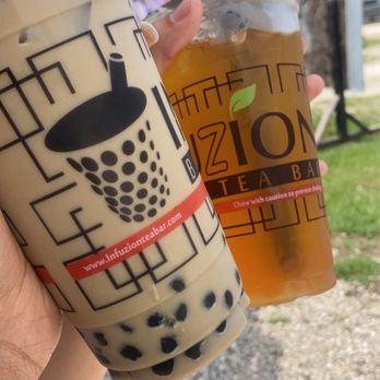 Infuzion Bubble Tea Bar - Chocolate Mint Milk Tea (left), Green Sunshine (right) - Bubble Tea Near Me - Spring, Texas