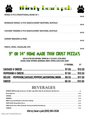 Menu photo 1 Thirsty Bear's Pub Black Creek, WI Menu photo 1 Thirsty Bear's Pub Black Creek, WI