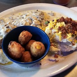 Redfish Pontchartrain with Hush Puppies and Loaded Mashed Potatoes Redfish Pontchartrain with Hush Puppies and Loaded Mashed Potatoes