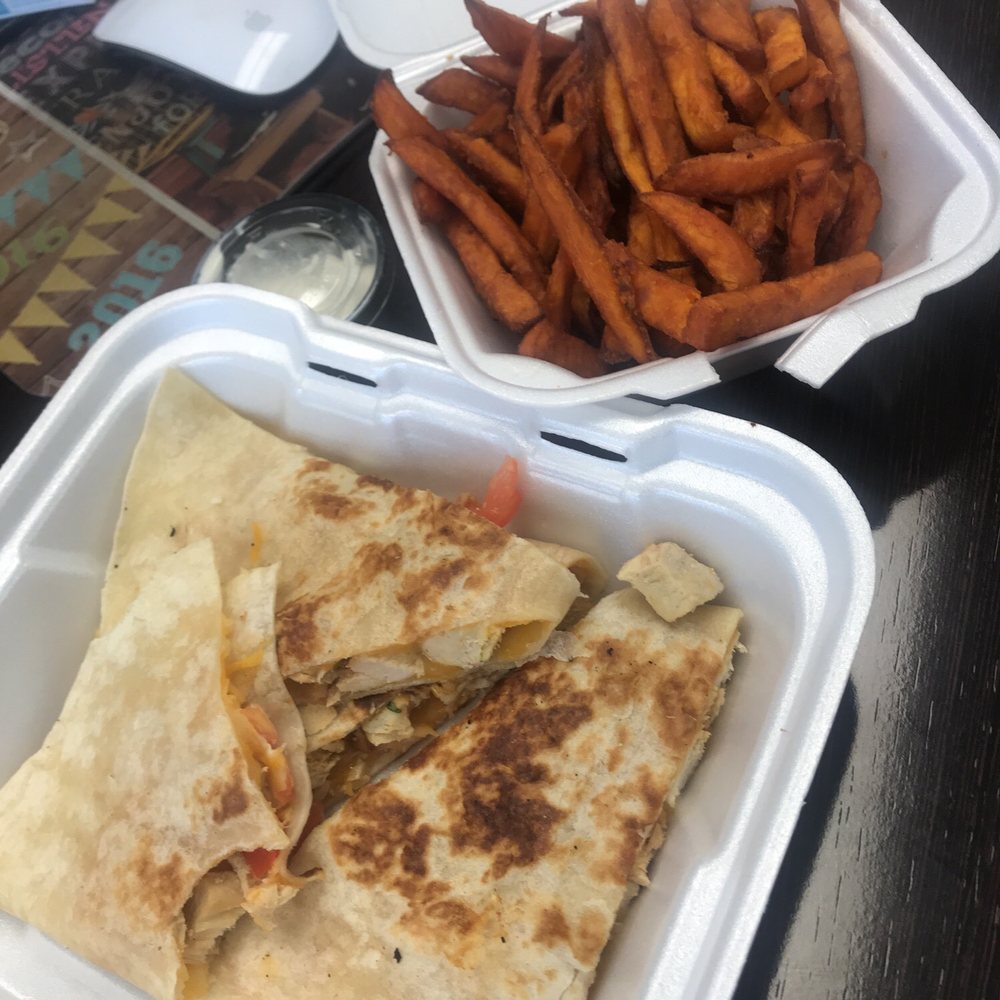 Chicken quesadillas and sweet potato fries Chicken quesadillas and sweet potato fries