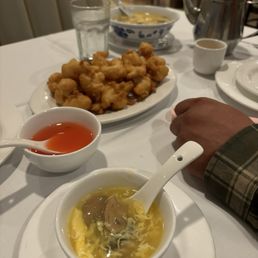 Fried shrimp and egg drop soup