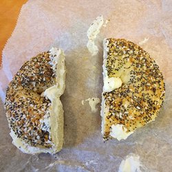 Bagels and Beyond - Everything with olive cream cheese.