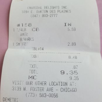Charcoal Delights - Receipt from 2/8/23.  1/4 lb cheese burger and small fry. - A paper receipt from Charcoal Delights Inc., located at 1091 E. Oakton Des Plaines, IL, includes a purchase of a 1/4 lb cheeseburger and small fries, with prices totaling $9.35. The receipt displays the business phone number, address, and a visit to another location in Chicago. It also contains transaction details, date, and time of purchase, along with a customer name, Demetri. - Burgers Near Me - Des Plaines, Illinois