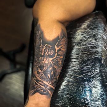 Ink About It Tattoo Studio - Pegasus Inner Calf Tattoo - Tattoo Near Me - Lake Charles, Louisiana Ink About It Tattoo Studio - Pegasus Inner Calf Tattoo - Tattoo Near Me - Lake Charles, Louisiana
