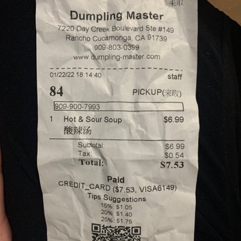 Dumpling Master - Receipt - Noodles Near Me - Rancho Cucamonga, California