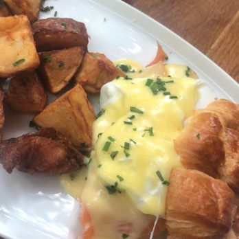 Frenchie Wine Bistro - Salmon eggs Benedict on a croissant - Wine Bars Near Me - Boston, Massachusetts Frenchie Wine Bistro - Salmon eggs Benedict on a croissant - Wine Bars Near Me - Boston, Massachusetts